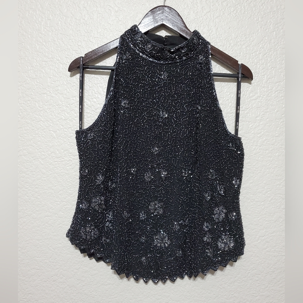Mes Ami Black Beaded Flowers Silk Sleeveless Halter Top Women's Size Large